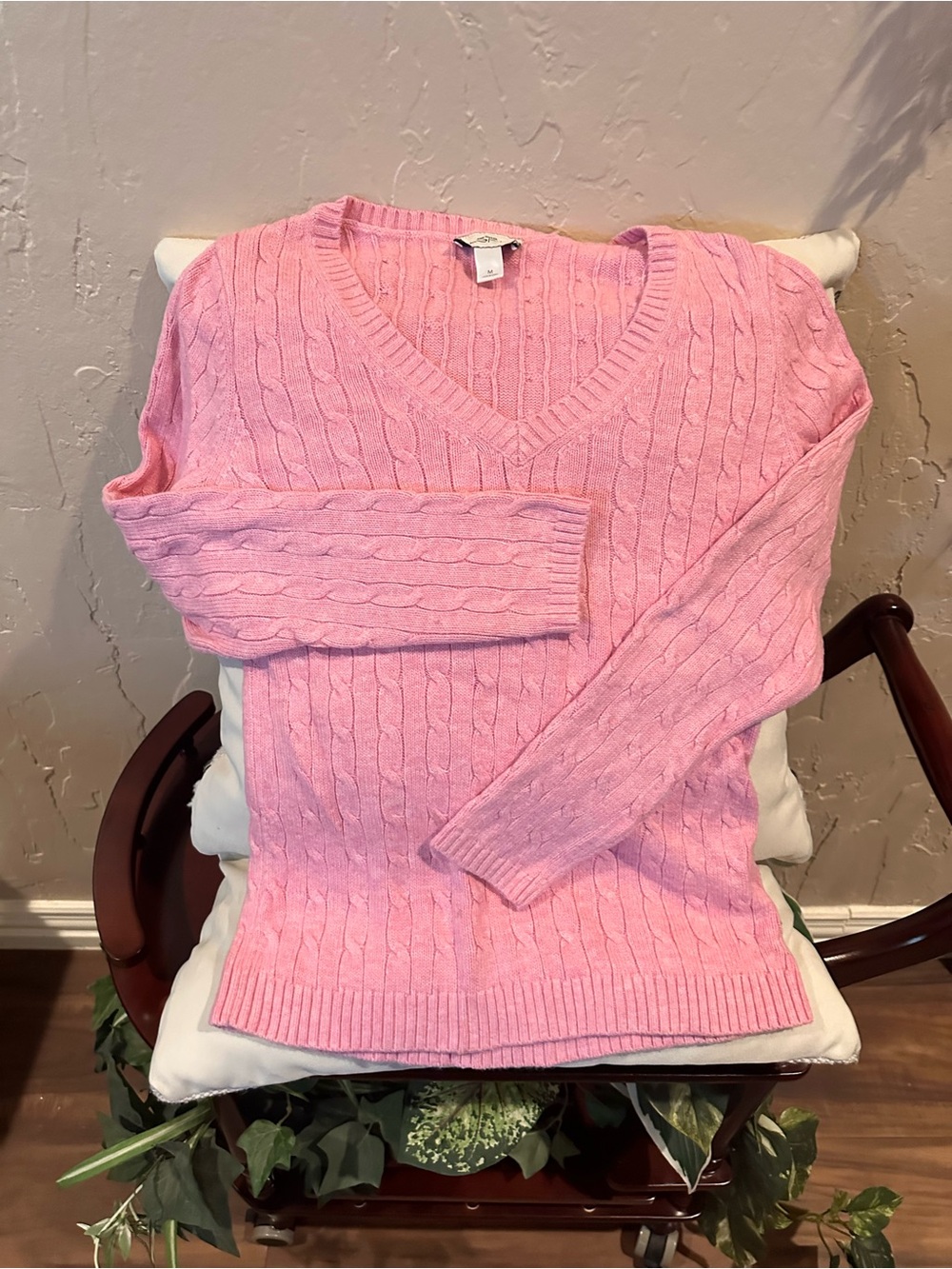 LOFT Pink Cable-Knit V-Neck Pullover Sweater